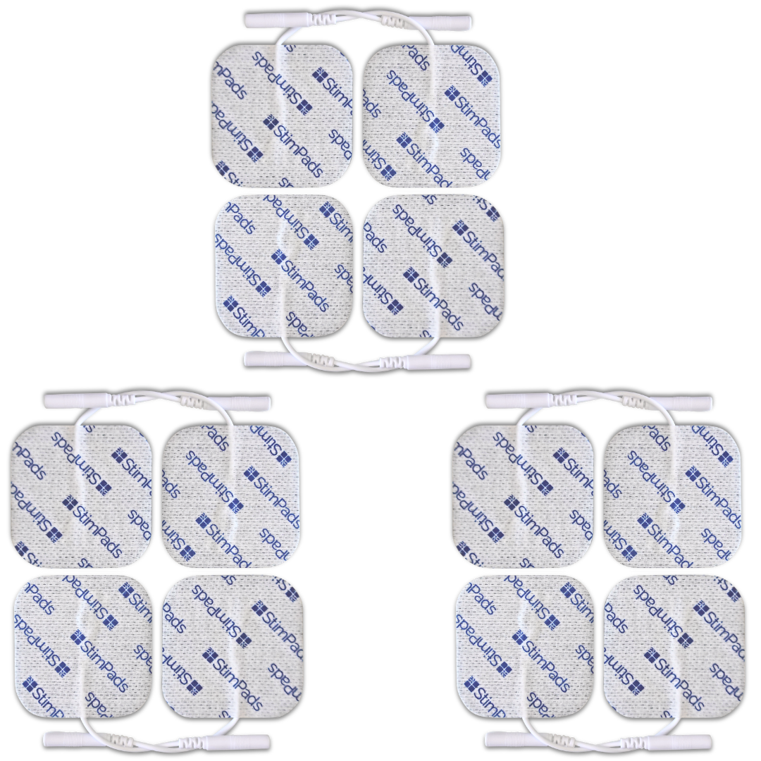 Électrodes TENS/EMS StimPads - Pack De 12, 50x50 Mm - Qualité Médicale, Sans Latex, Hypoallergénique - Connecteur Broche Universel 2 Mm - Longue Durée De Vie